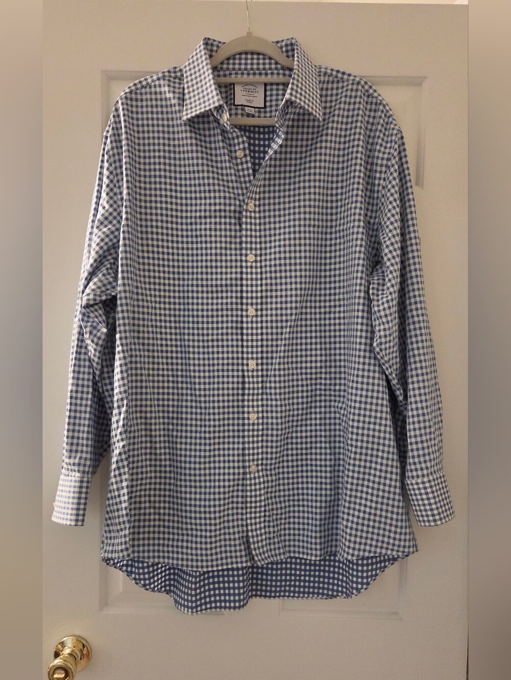 Charles Tyrwhitt Dress Shirt Men's 18/35 Blue Gingham Check Classic Fit Non-Iron